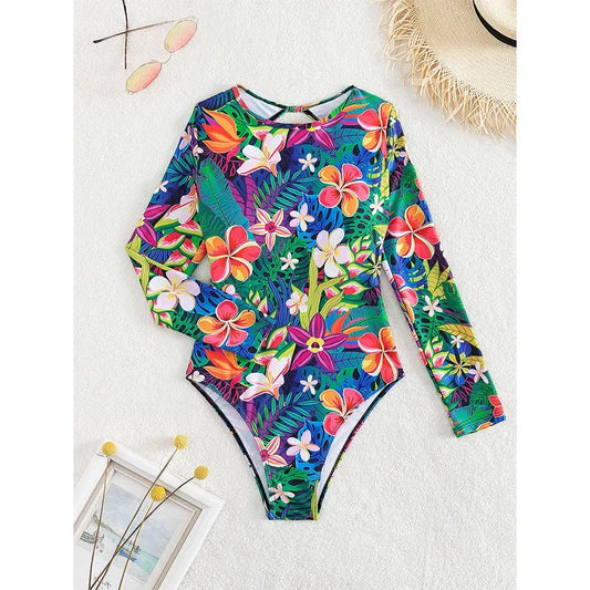 Tropical Paradise One Piece  - Women's Long-Sleeve Swimwear One Piece
