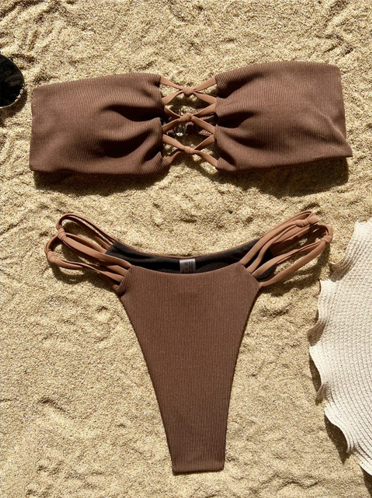 Mocha Dreams Ribbed Bikini  - Women's Swimwear Bikini Set